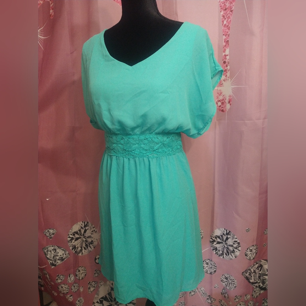Alya Turquoise Midi Dress with Lace Waist